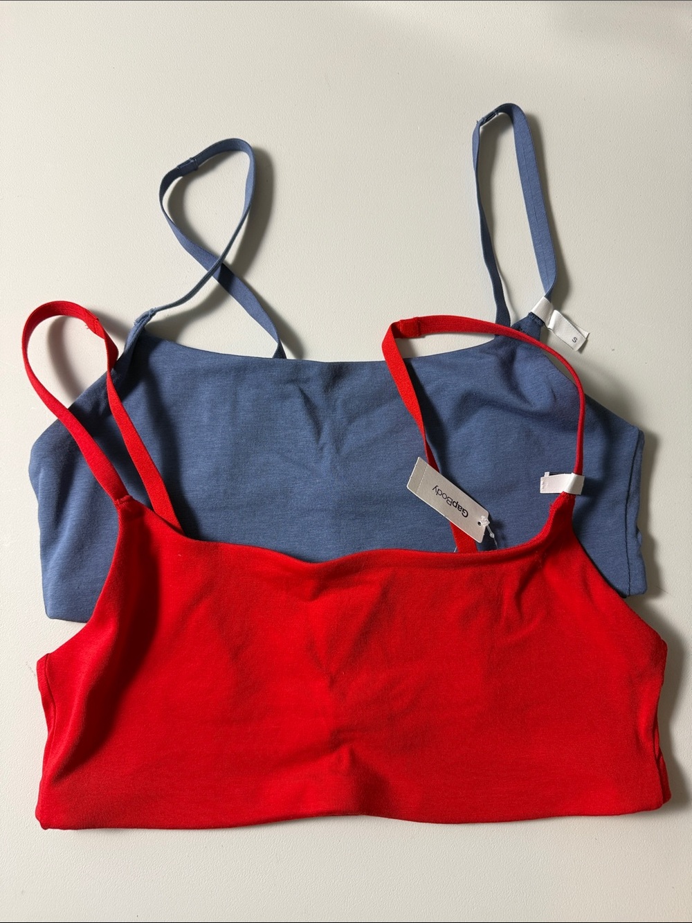 2 GapBody Super Stretch Scoop Bralette - Blue and Red